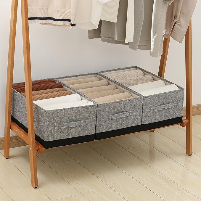 Linen Folding Storage Bins, 3 Pack Large Storage Baskets, Washable, Clothing Storage Bins with Handle, Closet Organizer for Storage Sweater,Sheets (gray black, 18½"x11"x8½")