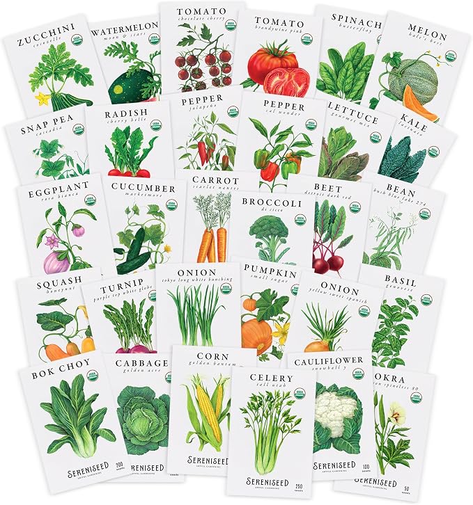 Sereniseed Certified Organic Vegetable Seeds (30-Pack) – Non GMO, Open Pollinated - Basil, Snap Pea, Broccoli, Bean, Jalapeno, Tomato, Lettuce, Cucumber, Carrot, Zucchini Seeds for Planting