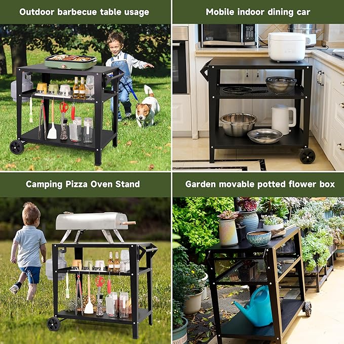 Black Outdoor Grill Cart with Wheels, Heavy-Duty 3-Tier BBQ Prep Table for Pizza Oven, Griddle, Patio – Rustproof Commercial Kitchen Cart with Tool Hooks