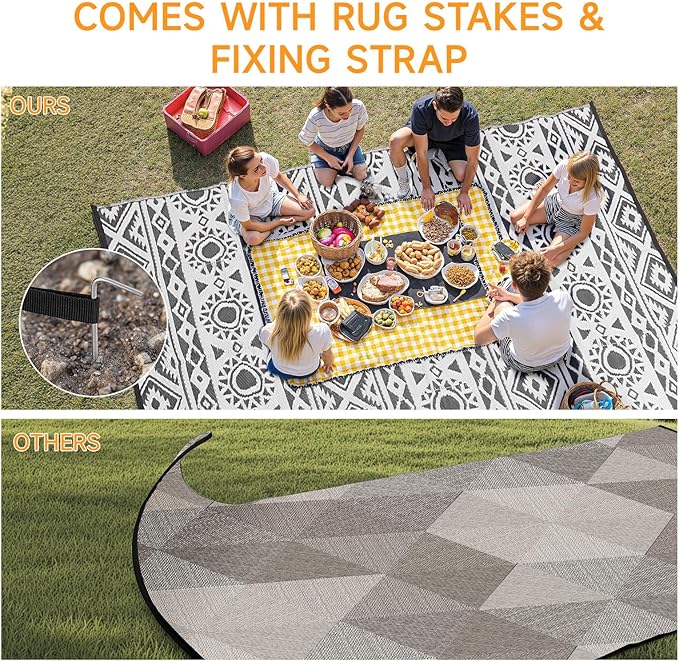 Outdoor Rug Waterproof 5x8 ft, Reversible Outdoor Plastic Straw Rug Patio Rug, RV Rugs for Outside, Outdoor Carpet for Patio Camping Deck Balcony Backyard, Gray & White