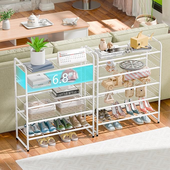 SUFAUY 33" Wide Shoe Rack, 5 Tier Shoe Storage Rack for 24-30 Pairs of Shoes, Shoe Organizer for Entryway, Steel Frame, Industrial, White