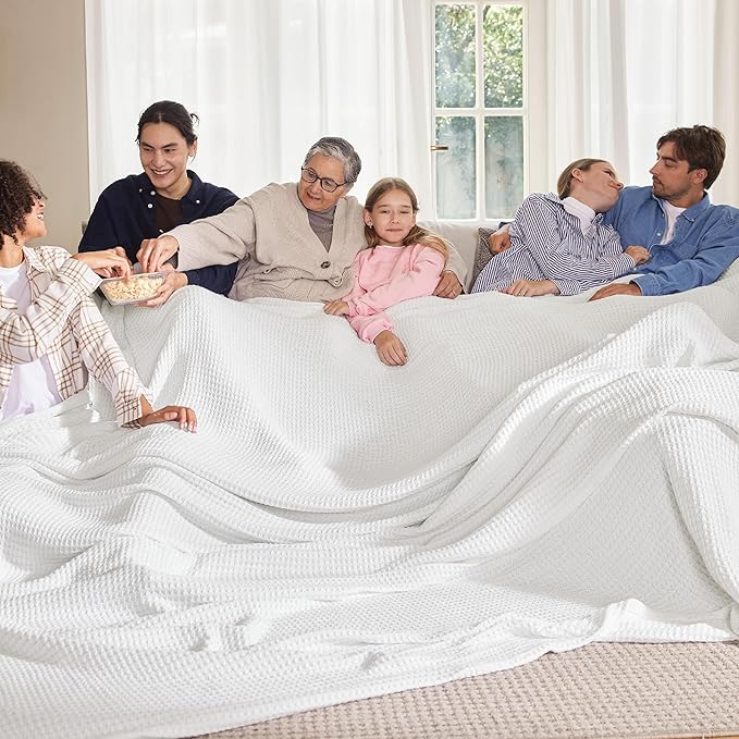 Bedsure 100% Cotton Large Blanket Oversized King for Bed - Breathable Thick Waffle Weave Blanket for Summer, Couch Cover, White, 120x94 inches