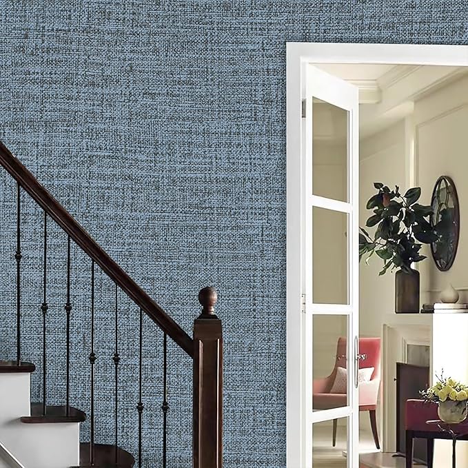 Blue Gray Grasscloth Peel and Stick Wallpaper 17.3"x160" Faux Linen Textured