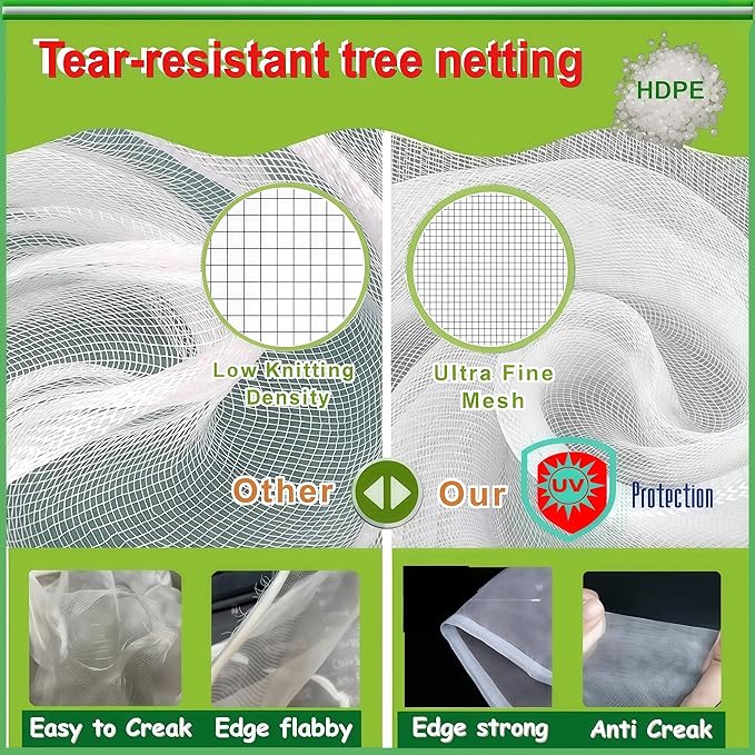 Fruit Tree Netting with Drawstring & Zipper - 4 Pack 10×10 FT - Reusable Plant Protection Bag, Heavy Duty PE Mesh Cover for Blueberry Bushes - Blocks Birds/Deer/Squirrels