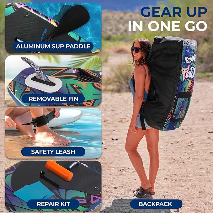 SereneLife Inflatable Stand Up Paddle Board with Premium SUP Accessories – Wide Stable Design with Non-Slip EVA Deck Pad for Adults and Youth of All Skill Levels, 350 lbs Capacity