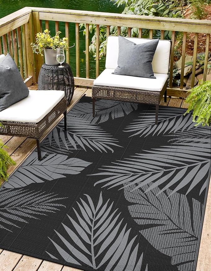 Outdoor Rug 5’x8’ Waterproof for Patio Clearance, Reversible Indoor Outdoor Plastic Straw Camping Rug Carpet, RV Mat, Large Area Rug for Deck, Backyard, Balcony, Porch, Beach, Black & Grey