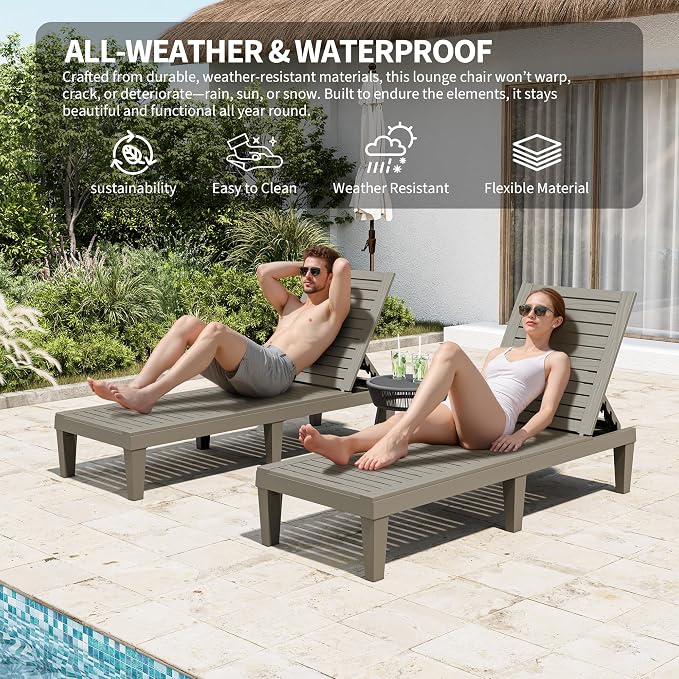 Outdoor Lounge Chair Set of 2, 5-Positions Adjustable Patio Chaise Lounges, Waterproof Tanning Chairs for Poolside, Backyard, Scratch-Resistant & Easy to Clean (Grey Striped, Set of 2)