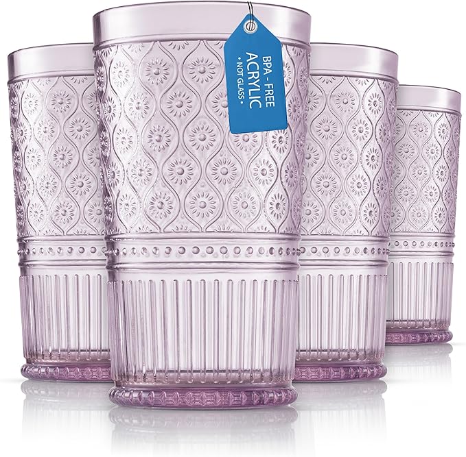 Godinger Highball Drinking Glasses, Acrylic Drinking Glasses Set, Elegant Tall Plastic Cups, Vintage Romantic Decor - Set of 4, Lavender