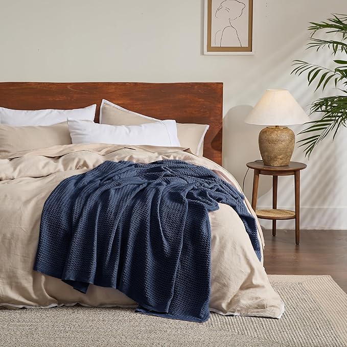 Bedsure 100% Cotton Blanket Twin XL Size for College Dorm - Breathable and Soft, Waffle Weave Twin Blanket for Summer, Dorm Room Essentials, Pageant Blue, 66x90 inches
