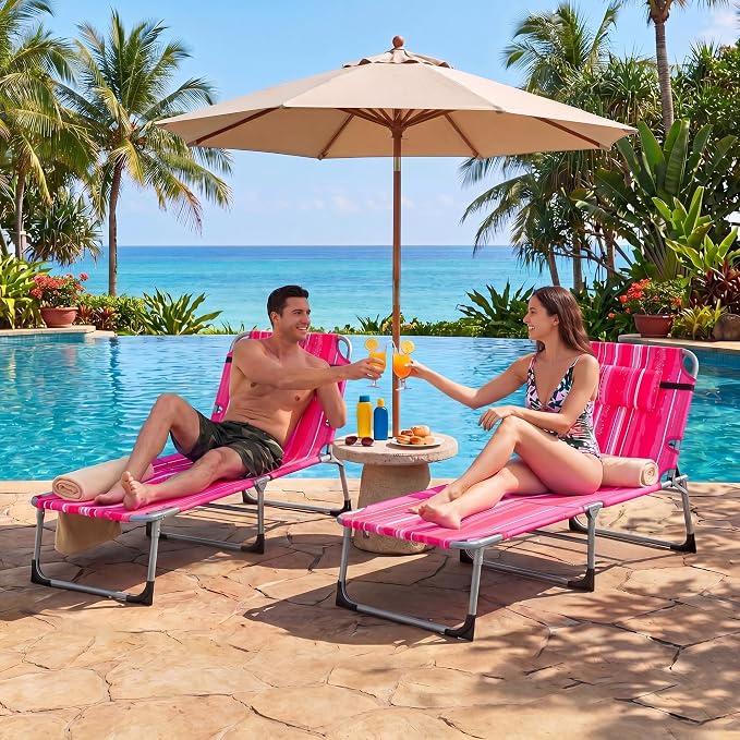 Giantex Tanning Chair, 330Lbs Patio Lounge Chair with 5 Adjustable Position, Face & Arm Hole, Hand/Shoulder Strap, Removable Pillow, Side Pocket, Chaise Lounger for Beach Sunbathing Outdoor