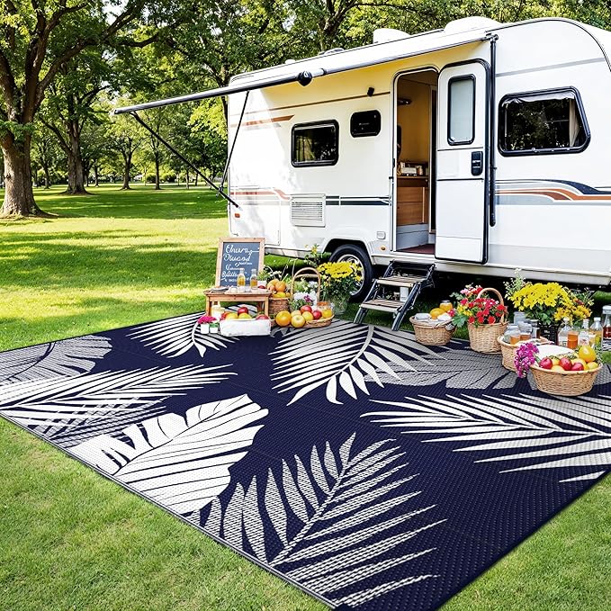 Outdoor Rug 9’x12’ Waterproof for Patio Clearance, Reversible Indoor Outdoor Plastic Straw Camping Rug Carpet, RV Mat, Large Area Rug for Deck, Backyard, Balcony, Porch, Beach, Blue & White
