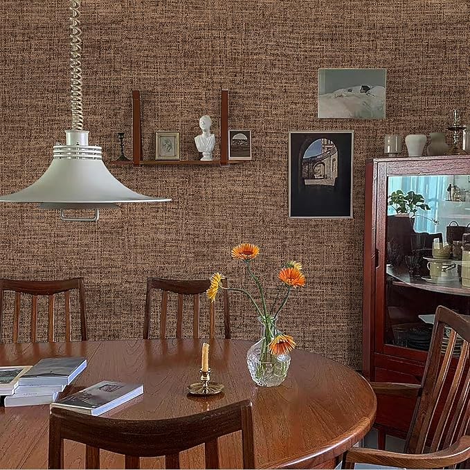 Brown Grasscloth Peel and Stick Wallpaper 17.3"x300" Faux Linen Textured