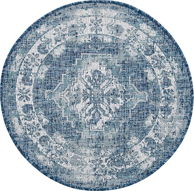 Unique Loom Outdoor Traditional Collection Area Rug - Valeria (3' 3" Round, Blue/ Ivory)