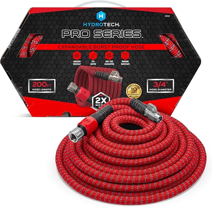 HydroTech 200 ft Expandable Garden Hose - Pro Series, 2x Max Flow, 3/4" No-Kink Flexibility, Lightweight Hose for Lawn, Garden, Car Washing, Deck and Patio Cleaning