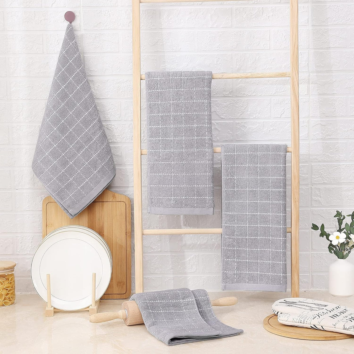 Homaxy 100% Cotton Terry Kitchen Towels(Light Grey, 13 x 28 inches), Checkered Designed, Soft and Super Absorbent Dish Towels, 6 Pack