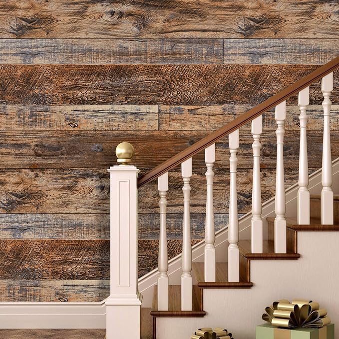 WENMER 17.71" x 590" Brown Wood Wallpaper Peel and Stick Wallpaper Shiplap Self