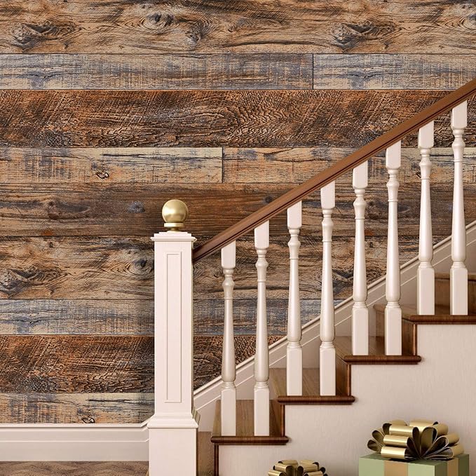 WENMER 11.8" x 118" Brown Wood Peel and Stick Wallpaper Shiplap Self Adhesive