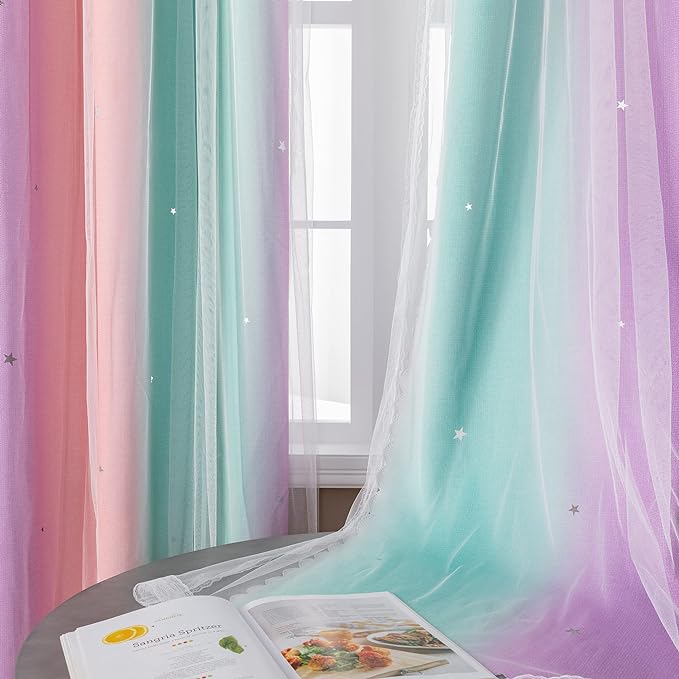 XiDi Curtains for Bedroom Decor, Kids Room Curtains for Girls Rainbow Colour