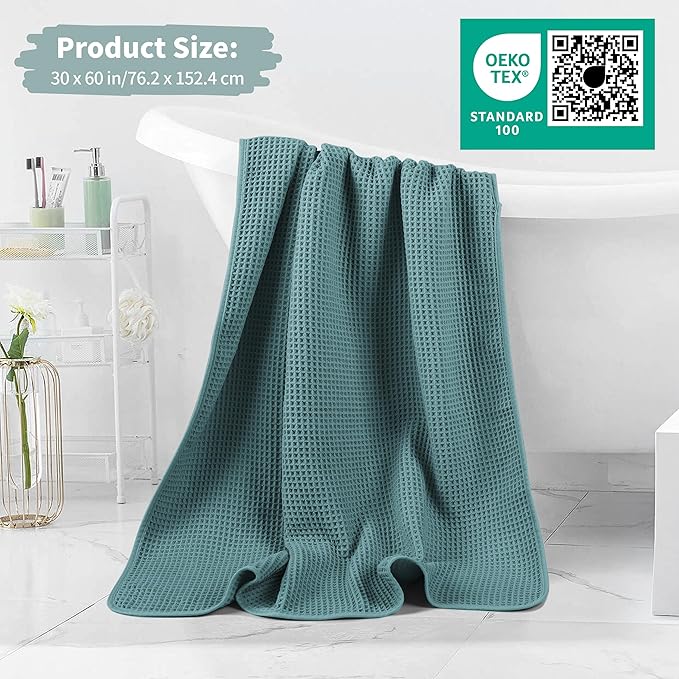 New Microfiber Waffle Bath Towels, 2 Pieces, Oversized, Soft, Absorbent, Fast Drying, Lint Free (Green)