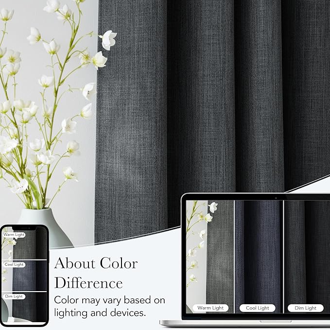 NICETOWN Short Faux Linen Charcoal Gray Blackout Curtains 63 inches Long