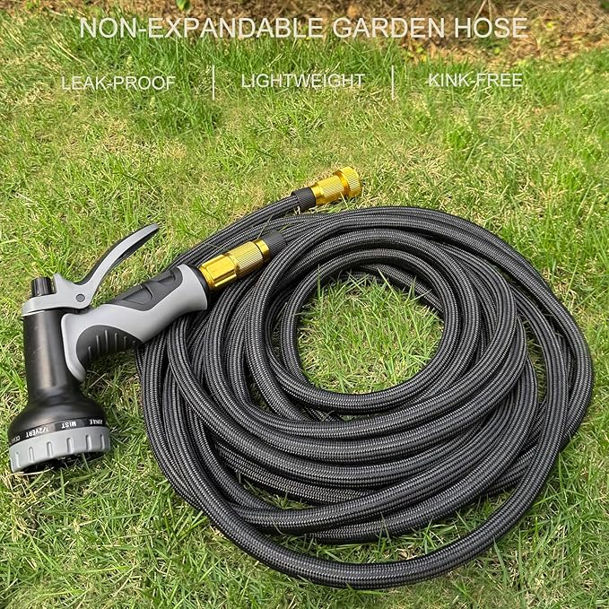 Garden Hose Non-Expandable 75 ft, Lightweight Flexible Water Hose with 10 Function Spray Nozzle, Outdoor Leak Proof, Kink-Free, Portable Hose for Yard, Lawn, Camper, High-Density Fabric, Black Grey