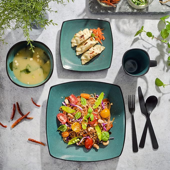 Gibson 99813.16R Elite Soho Lounge 16 Piece Reactive Glaze Dinnerware Set, Teal/Black Tutone