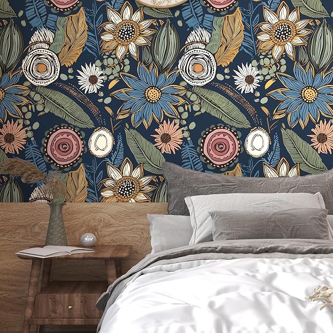 Boho Wallpaper Peel and Stick, Dark Vintage Floral Contact Paper, Retro