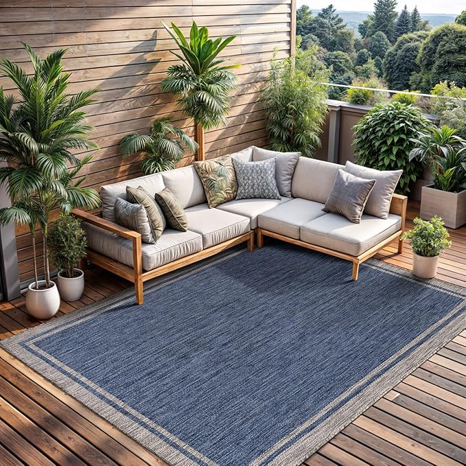 CAMILSON Indoor Outdoor Rug, 10x14 Bordered Navy Blue Gray Modern Large Area Rugs for Indoor and Outdoor Patios, Porches Waterproof Washable Porch Deck Outside Carpet (Bordered Navy, 10 x 14)