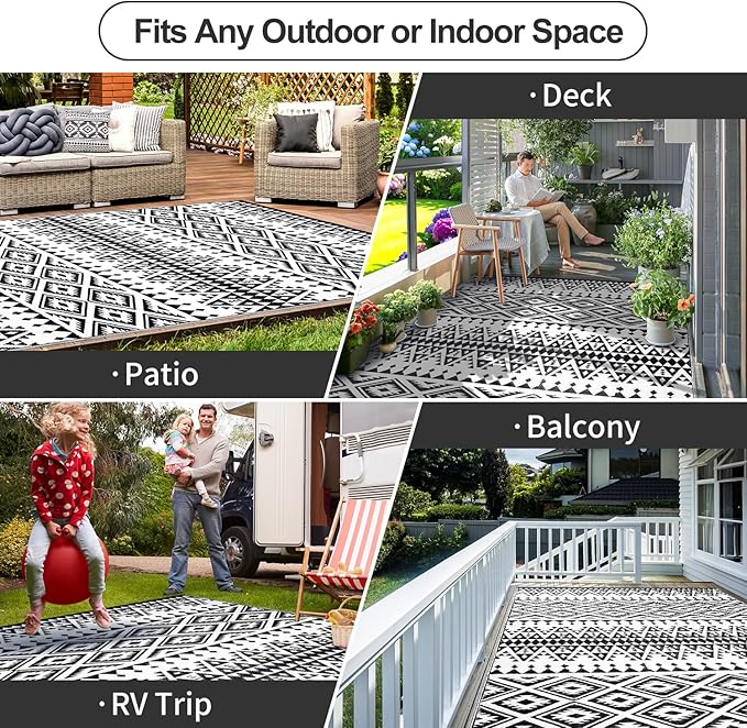 Waterproof Outdoor Rug 6x9ft, Bohemia Reversible Plastic Straw Mat for Patio RV Deck Porch Backyard Balcony Camping Picnic Beach Indoor Outdoor Carpet, Black&White