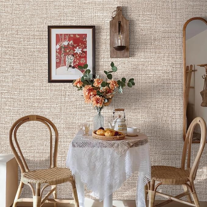 Amiya Grasscloth Khaki Wallpaper 17.3"x80" Peel and Stick Tan Faux Fabric Linen