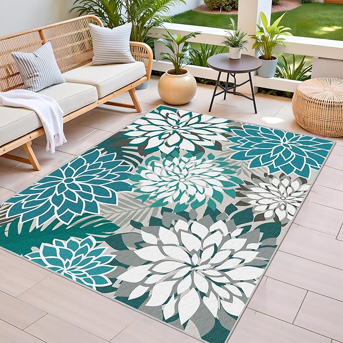 Colorful 3x5 Washable Rug for Living Room Tropical Botanical Modern Floral Chenille Area Rugs Low Pile Non Slip Carpet for Patio, Bedroom, Laundry, Teal