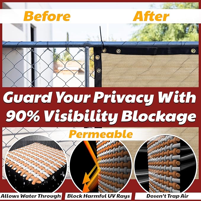 Amgo Custom Made 3' x 111' Beige Balcony Privacy Screen, Apartment Porch Railing Patio Fence Windscreen Fabric Cloth, Heavy Duty, Commercial and Residential, 90% Blockage (We Customize)