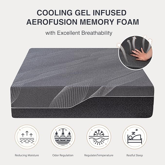 Full Mattress 14 Inch Charcoal Gel Memory Foam in a Box, CertiPUR-US Certified, Fiberglass Free, Cooling Double Mattress, Made in The USA of US Foam, 75" × 54" × 14", Medium