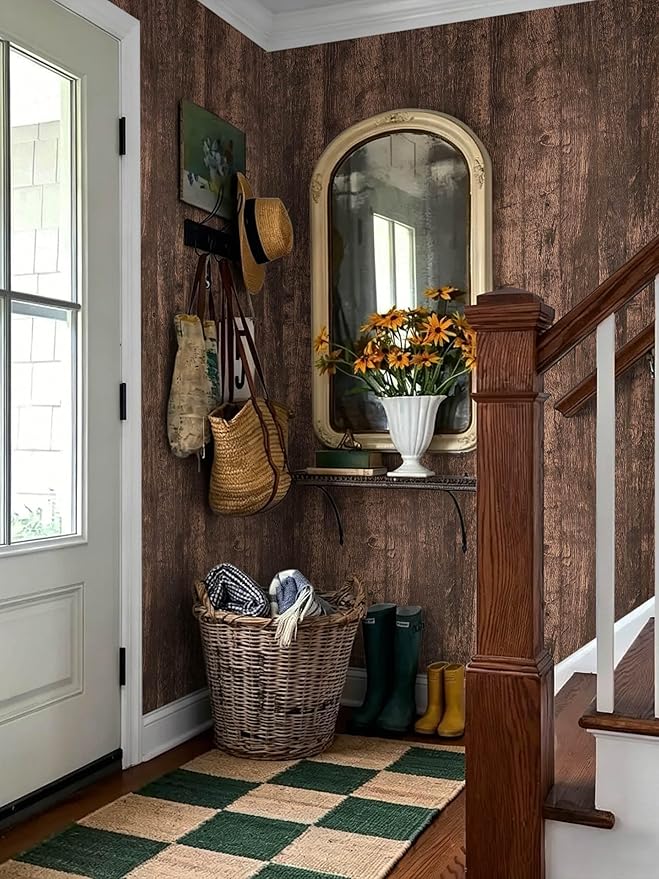 Dimoon 470''x17.7 Dark Brown Wood Peel and Stick Wallpaper Wood Contact Paper