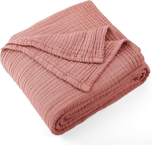 Carriediosa 100% Cotton Muslin Throw Blanket 90" X 90" Queen Size，4-Layers Summer Gauze Throws for Bed Couch，Soft Lightweight Breathable Linen Blankets Bedspread for Adults All Season，Mauve