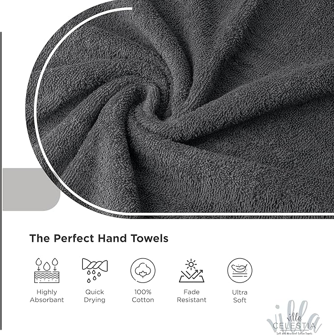 100% Cotton Hand Towel Set of 4, (16 x 28 inches) Sustainable, Soft, Highly Absorbent, Quick Drying, Combed Cotton Hand Towels Pack of 4 Ideal for Hotels, Spa, Bathroom, Dorm, Grey