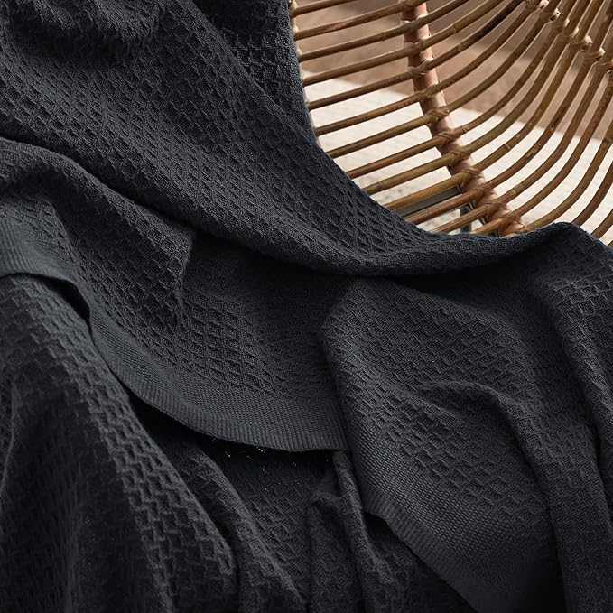 Bedsure 100% Cotton Blanket Twin XL Size for College Dorm - Breathable and Soft, Waffle Weave Twin Blanket for Summer, Dorm Room Essentials, Black, 66x90 inches