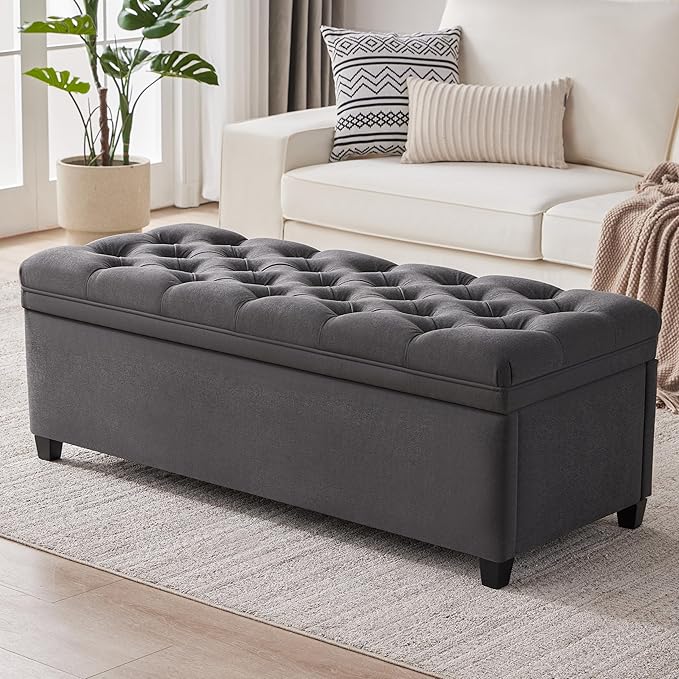 50" Storage Ottoman Bench, Tufted Ottoman with Storage for Living Room, Large End of Bed Ottomans, Modern Entryway Benchs, Window & Bedroom Benches for Foot of Bed (Darkgray)