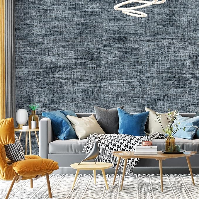 Blue Gray Grasscloth Peel and Stick Wallpaper 17.3"x160" Faux Linen Textured