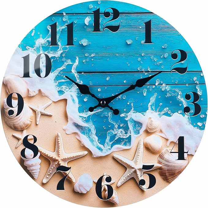 Large Indoor/Outdoor Clocks Waterproof, Glass Coastal Beach Decor Wall Clock