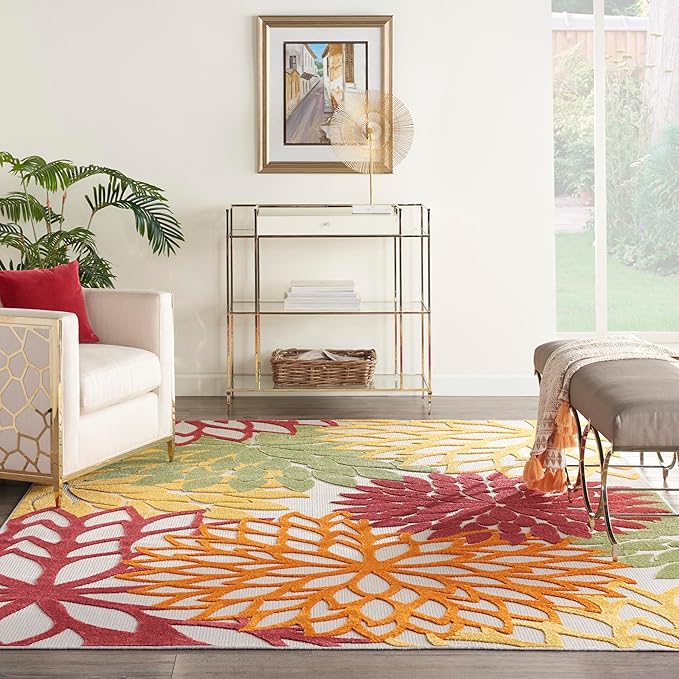 Nourison Aloha Indoor/Outdoor Red Multi Colored 7'10" x 10'6" Area Rug, Tropical, Botanical, Easy Cleaning, Non Shedding, Bed Room, Living Room, Dining Room, Deck, Backyard, Patio (8x10)