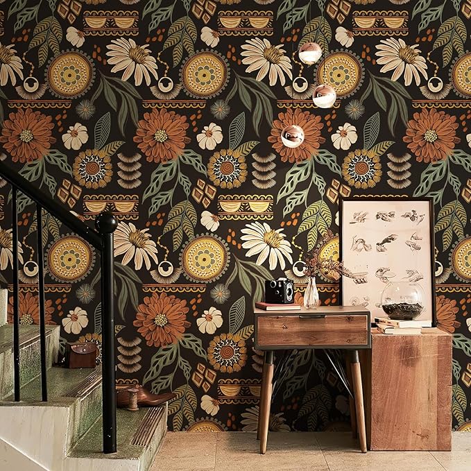 JiffDiff Boho Peel and Stick Wallpaper 17.3" x 120" Vintage Sun Floral Retro