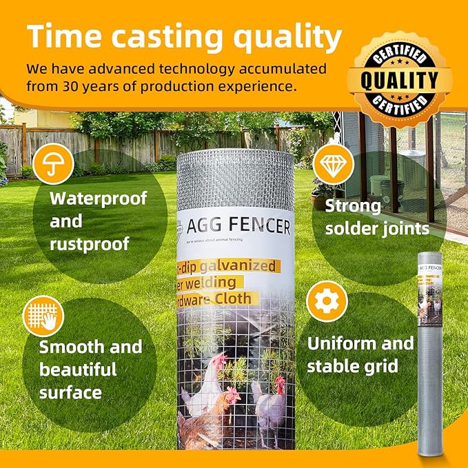 16in x 50ft Hardware Cloth 1/8 inch 27Ga Hot Dipped Galvanized After Welding, Chicken Coop Wire Fence, Welded Metal Fencing Roll Mesh for Bee Screen Garden Plant Poultry Animal Netting Cage