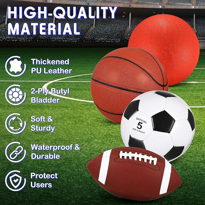 Deekin 8 Pcs Sports Balls Set for Kids Adult Assorted Football Basketball Soccer Playground Balls Official Size with Bags Pumps Outdoor Sports Equipment Athletic Gift Back to School