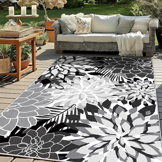 ZonLi Colorful Outdoor Rug 5x8Ft Waterproof Multicolored Indoor Area Rug Washable Outdoor Patio Rugs Tropical Floral Non Slip Outdoor Carpet for Living Room, Pool,Backyard,Deck,Camping