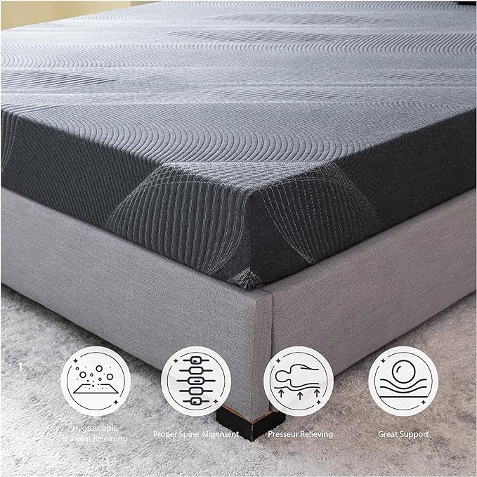 Queen Mattress 8 Inch Charcoal Memory Foam in a Box, CertiPUR-US Certified, Fiberglass Free, Gel Double Mattress, Made in The USA of US Foam, 80" × 60" × 8", Medium