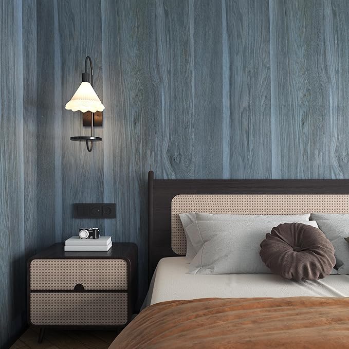 BOMENG Blue Wood Wallpaper Stick and Peel Peacock Wood Grain Contact Paper