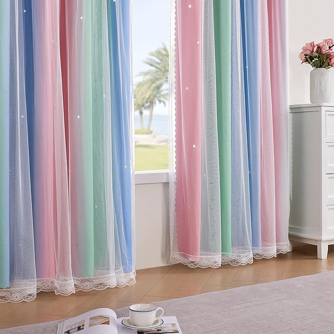 XiDi Pink & Rainbow Curtains for Kids & Girl Rooms