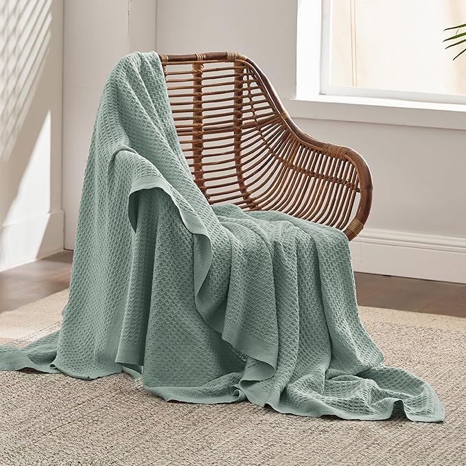 Bedsure 100% Cotton Blanket Twin XL Size for College Dorm - Breathable and Soft, Waffle Weave Twin Blanket for Summer, Dorm Room Essentials, Sage Green, 66x90 inches