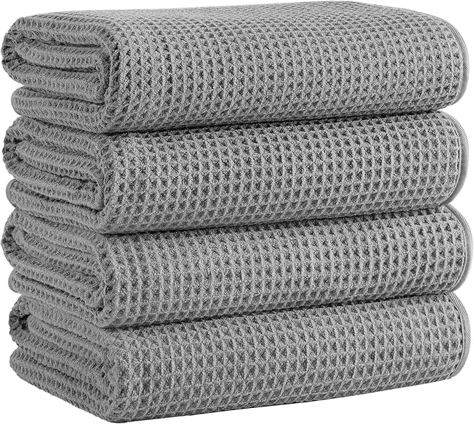 Microfiber Waffle Bath Towels, 4 Pieces, Soft, Absorbent, Fast Drying, Lint Free (Gray)